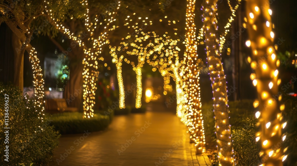 Poster illuminated pathway with blurred bokeh lights creating a warm and festive atmosphere in a lively urb