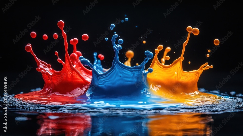 Poster colorful splashes of paint create dynamic shapes against a dark background.