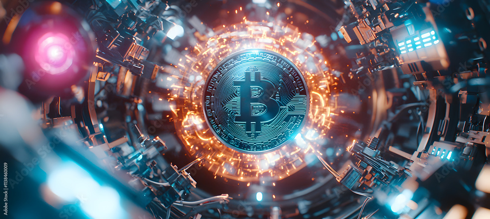 Poster bitcoin revolution exploring digital currency's future in an advanced tech sphere