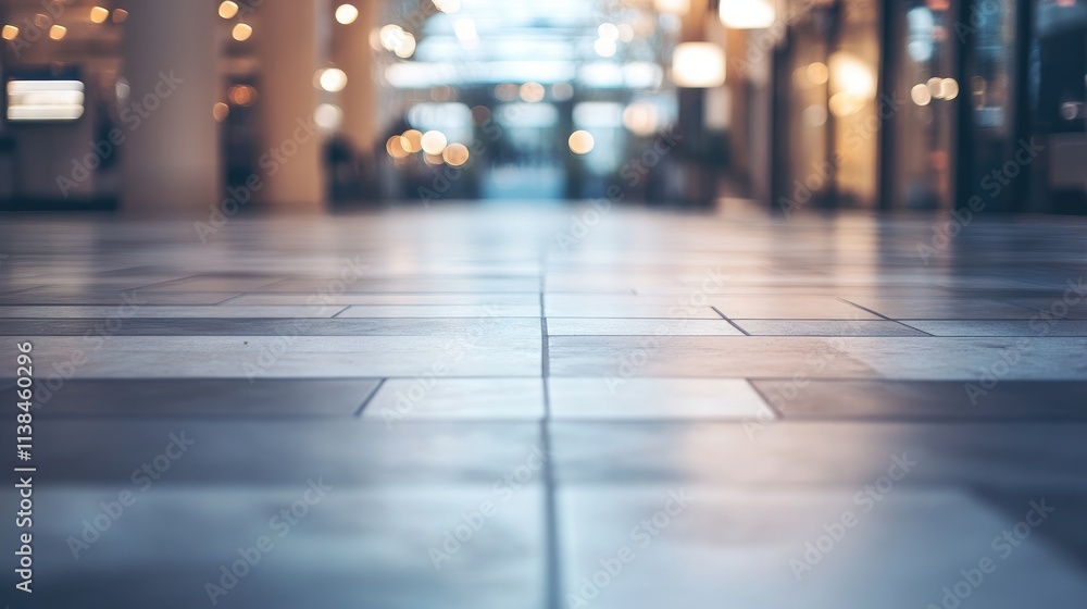 Poster blurry perspective of a modern tiled floor in a spacious indoor environment with subtle bokeh lighti
