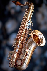 Obraz premium A close-up shot of a golden saxophone sitting on a dark, black surface