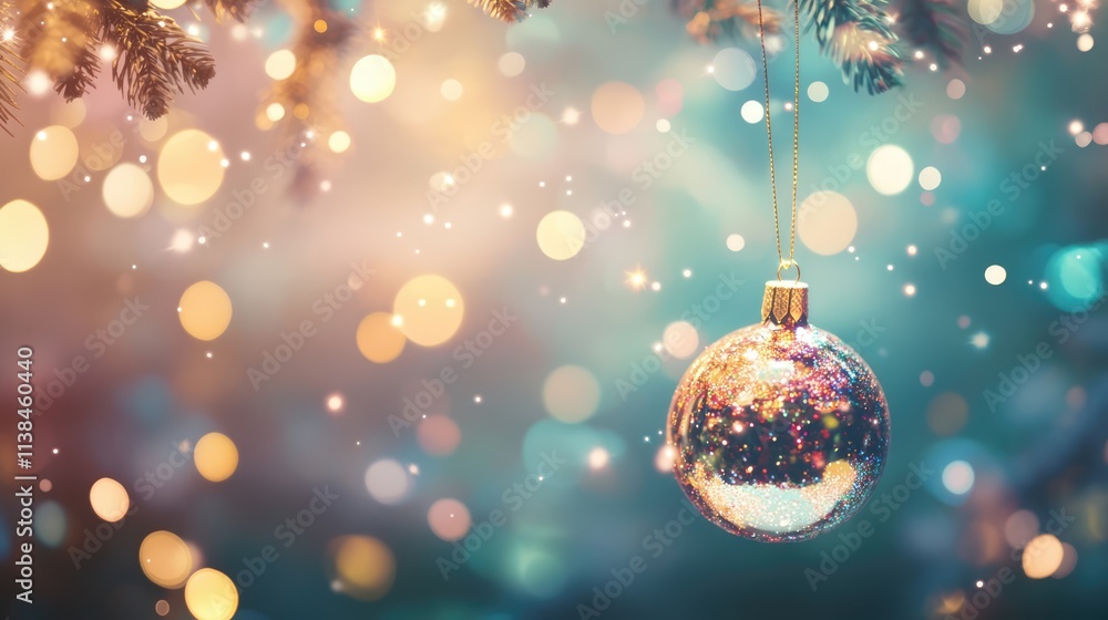 Poster christmas bauble hanging on a tree with a dreamy bokeh light background creating a festive and magic