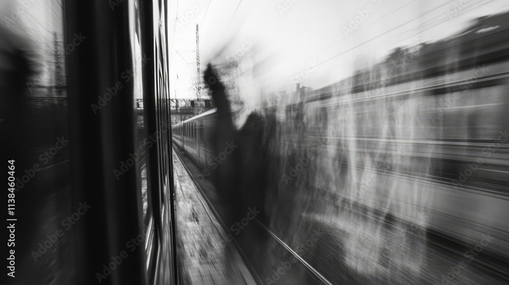 Poster dynamic motion blur of a speeding train viewed from a passenger window illustrating speed and travel