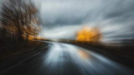 Obraz premium Blurred winding road under dramatic dark thunderclouds with reflections on wet pavement and autumn trees in the distance