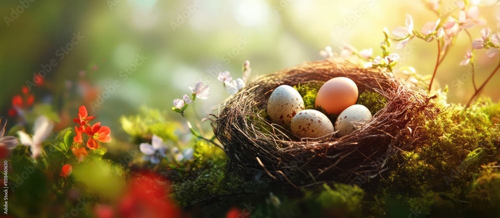 Poster nest with eggs surrounded by greenery flowers and soft moss symbolizing easter and the arrival of sp