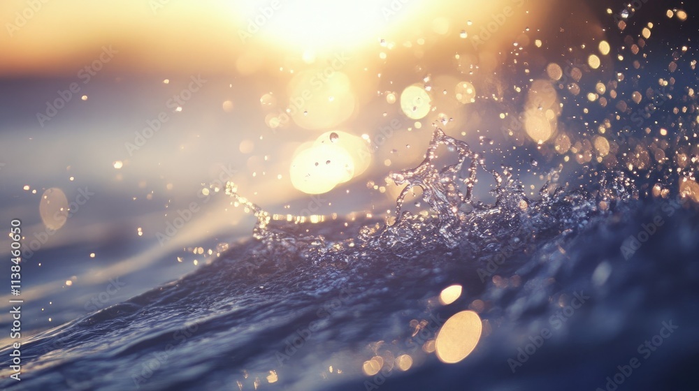 Poster vibrant bokeh effects with sparkling water droplets against a soft sunset background creating a sere