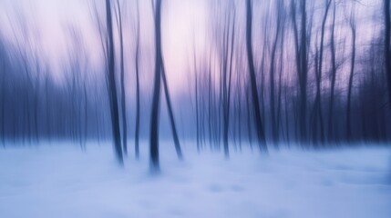 Twilight Snowy Forest Blurred Background with Bare Trees in Winter Landscape