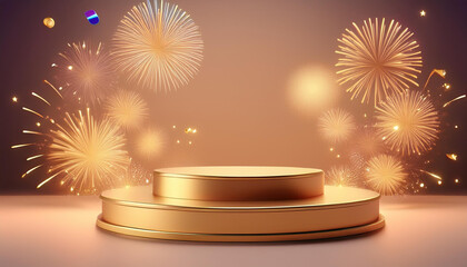Golden podium with glowing lights and festive fireworks display