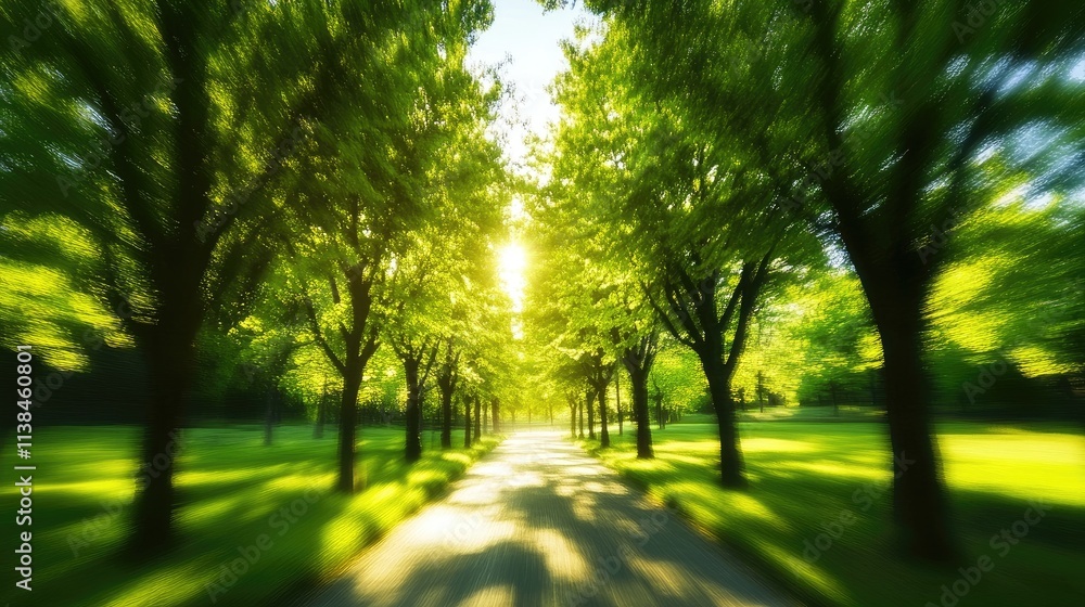 Poster sunlit pathway through blurred green trees creating a serene nature abstract background for relaxati