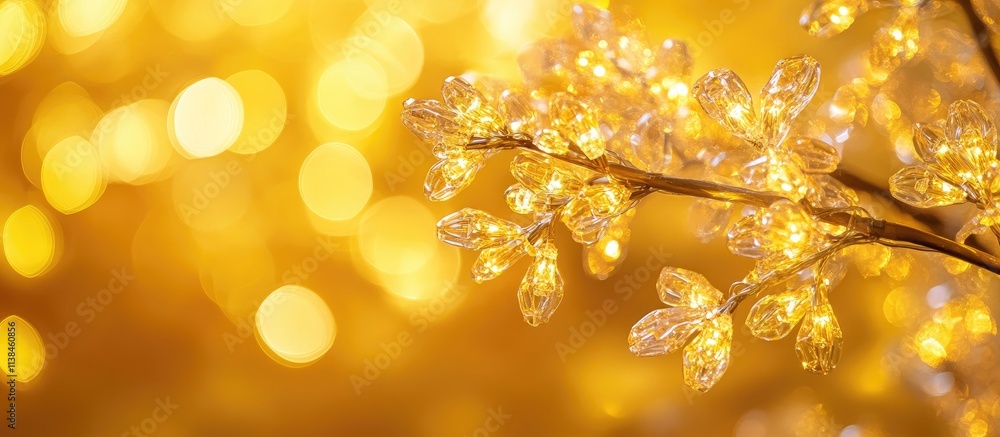 Poster decorated tree branch with soft yellow lights and bokeh effect creating a warm ambiance suitable for