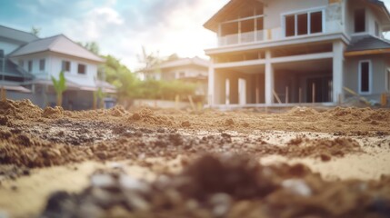 Blurred view of two storey residential home under construction with construction materials and clear sky showcasing real estate development