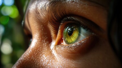 A detailed view of a person's green eye with distinctive iris features