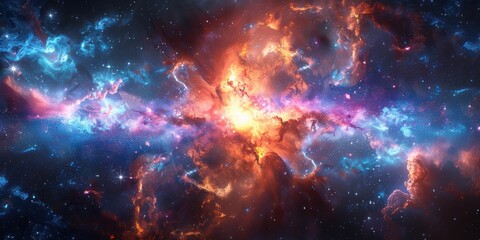 Fototapeta premium A vibrant, colorful cosmic nebula showcasing an array of blue, orange, and pink hues in deep space, highlighting the beauty and vastness of the universe