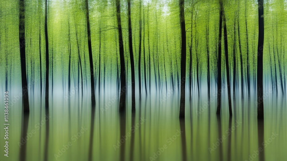 Poster abstract blurred forest scene with green trees creating a tranquil and ethereal background perfect f