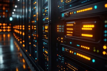 Row of servers in a data center, modern technology equipment