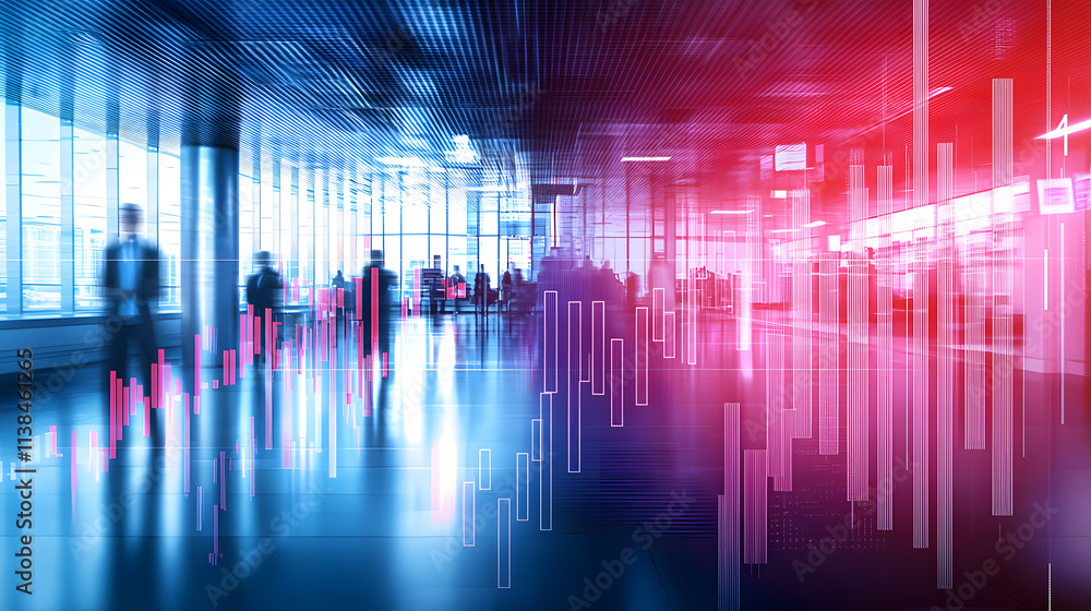 Poster dynamic business meeting in modern office urban setting digital analytics visualization high-tech en