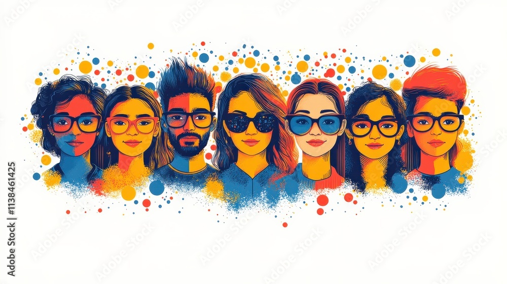 Poster diverse group of individuals with glasses showcasing modern styles and unique expressions against a 