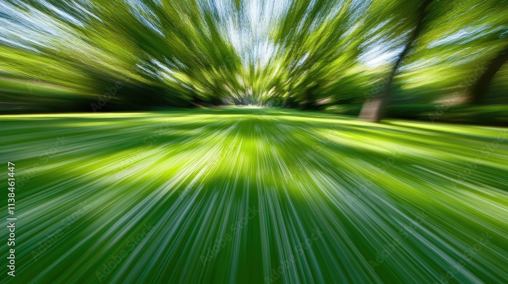 Poster dynamic blurred motion effect on lush green grass creating a sense of speed and tranquility in natur