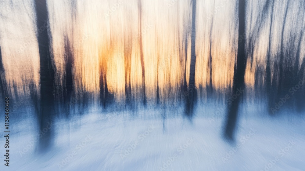 Poster abstract winter forest scene with blurry snow covered trees and soft twilight light in the backgroun