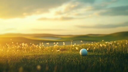 Golf ball on vibrant green grass with blurred background of a picturesque golf course during golden hour sunlight.
