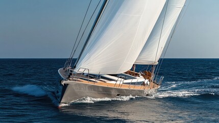 Naklejka premium A sailboat with white sails sailing in the open ocean