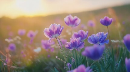 Fototapeta premium Vibrant violet wild tulips in a sunlit summer field perfect for postcards and floral backgrounds with soft bokeh effect.