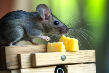 Obraz premium A close-up of a mouse standing on a wooden surface, reaching for two small chunks of cheese, surrounded by a soft, green blurred background, creating a natural and curious moment