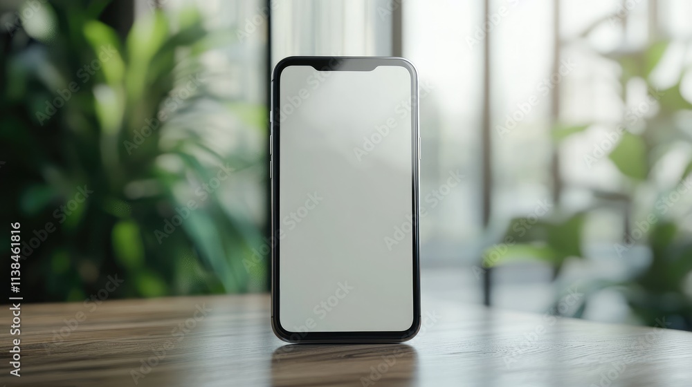 Aufkleber smartphone on wooden table with blurred background in bright indoor environment showcasing empty scr
