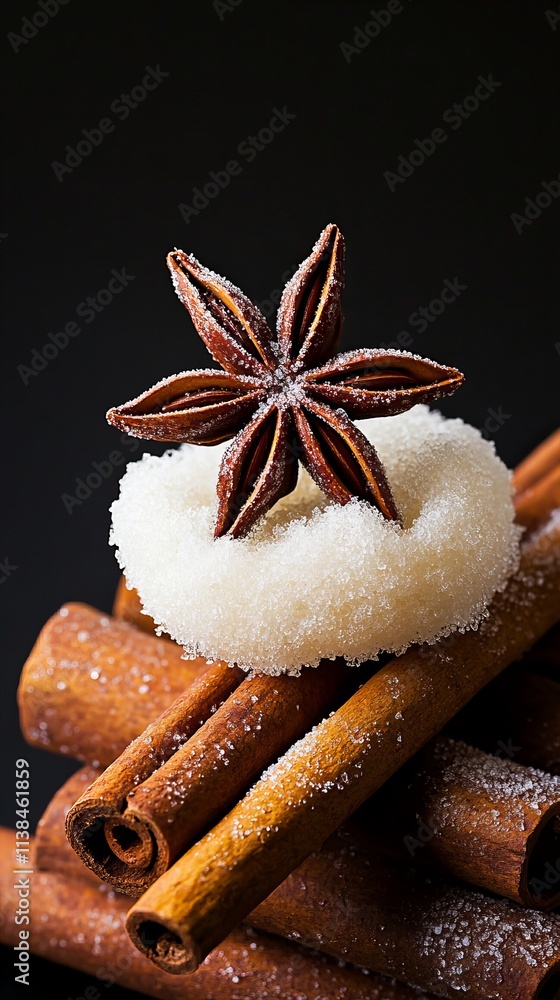 Poster a close-up of star anise atop a sugared dough on a stack of cinnamon sticks, creating a warm and inv