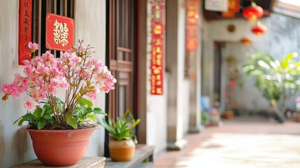 Fototapeta premium traditional home decorated with Chinese couplets, red lanterns, and potted flowers, creating festive and welcoming atmosphere
