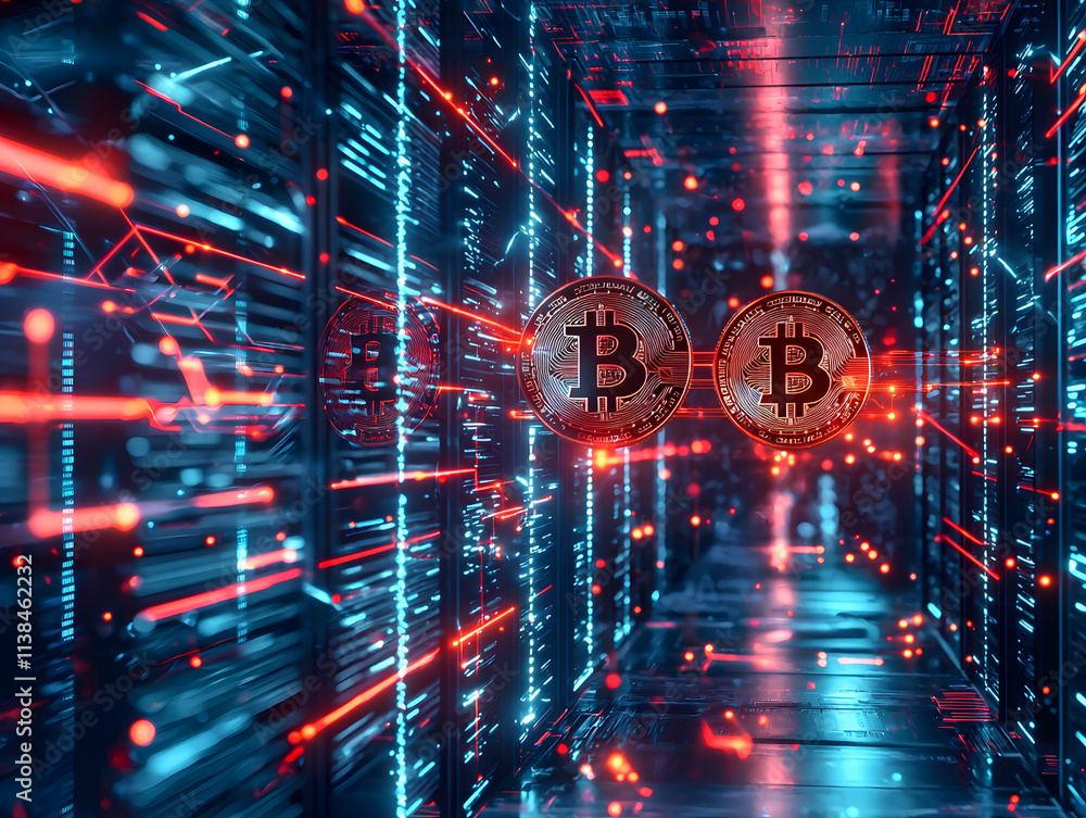 Poster cryptocurrency transactions data center digital art futuristic environment close-up viewpoint blockc