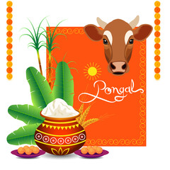 A festive Pongal illustration featuring a decorated pot with rice and milk sugarcane a cow's head banana leaves wheat sweet Pongal marigold garlands and the word Pongal