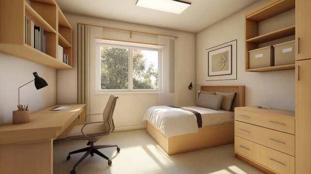 Modern, minimalist bedroom with built-in wooden furniture, desk, and large window.