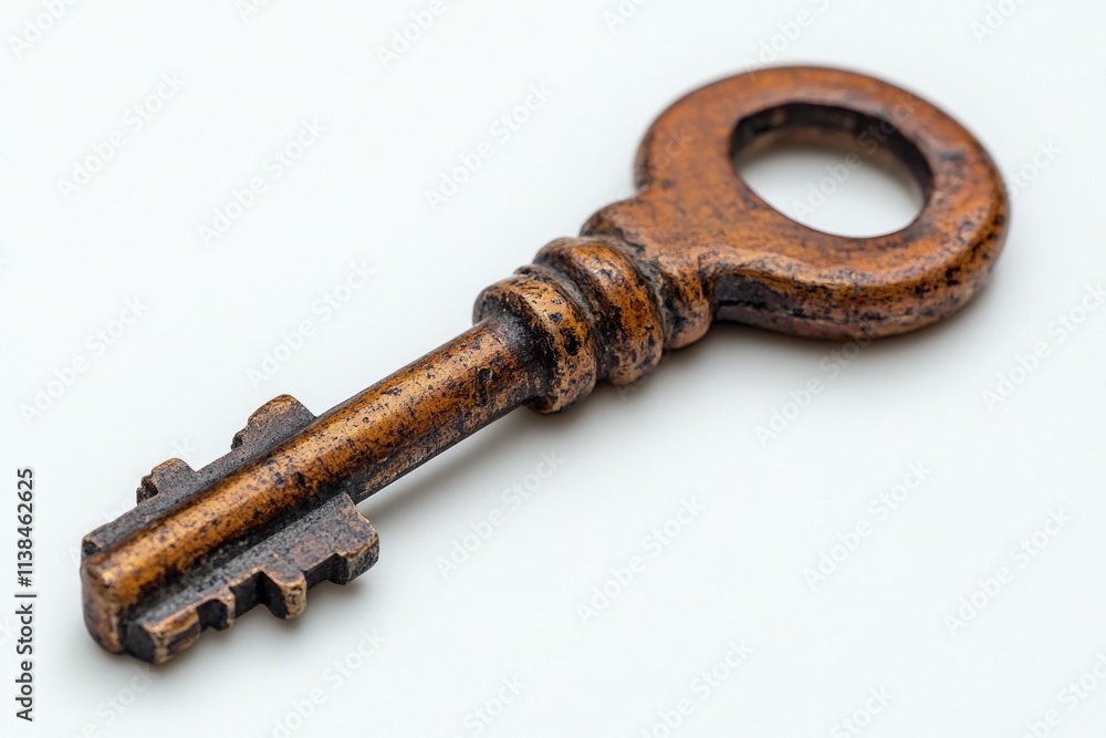Poster an old rusty key lying on a white surface