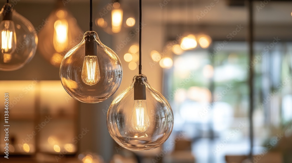 Poster elegant blurred background of reflective hanging lights creating a warm and inviting atmosphere in a