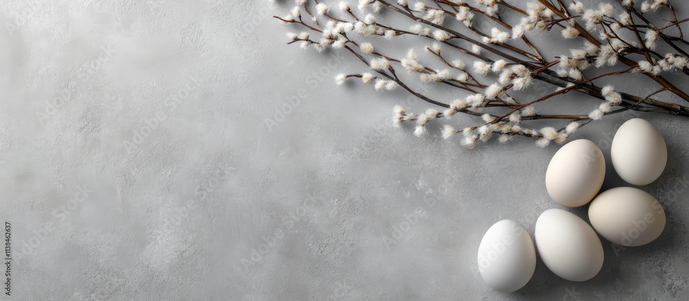 Aufkleber beige eggs and willow twigs arranged on a textured grey surface with empty space for text showcasing