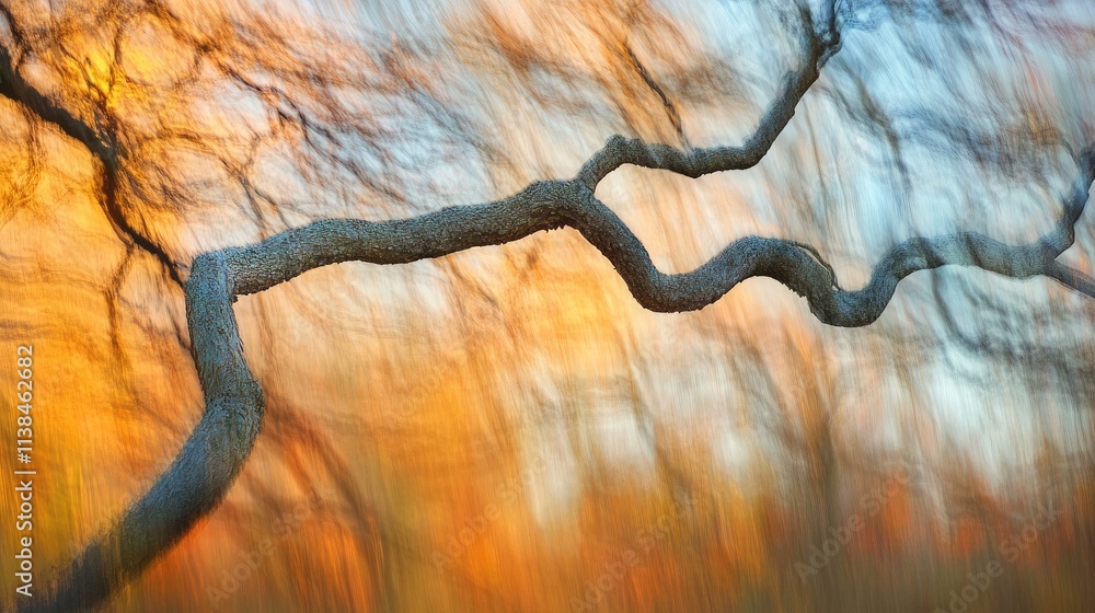 Poster abstract blurred tree branch in a forest with warm autumn colors creating a serene and dreamy atmosp