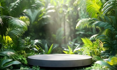 A minimalist 3D podium featured in a lush, tropical jungle