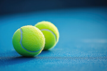 Yellow tennis balls on court. Closeup view of tennis balls on blurred background. Generated AI