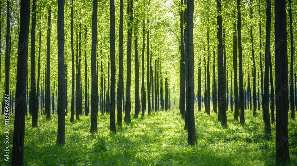 Poster lush green forest with tall trees creating a serene and tranquil background for nature-themed projec