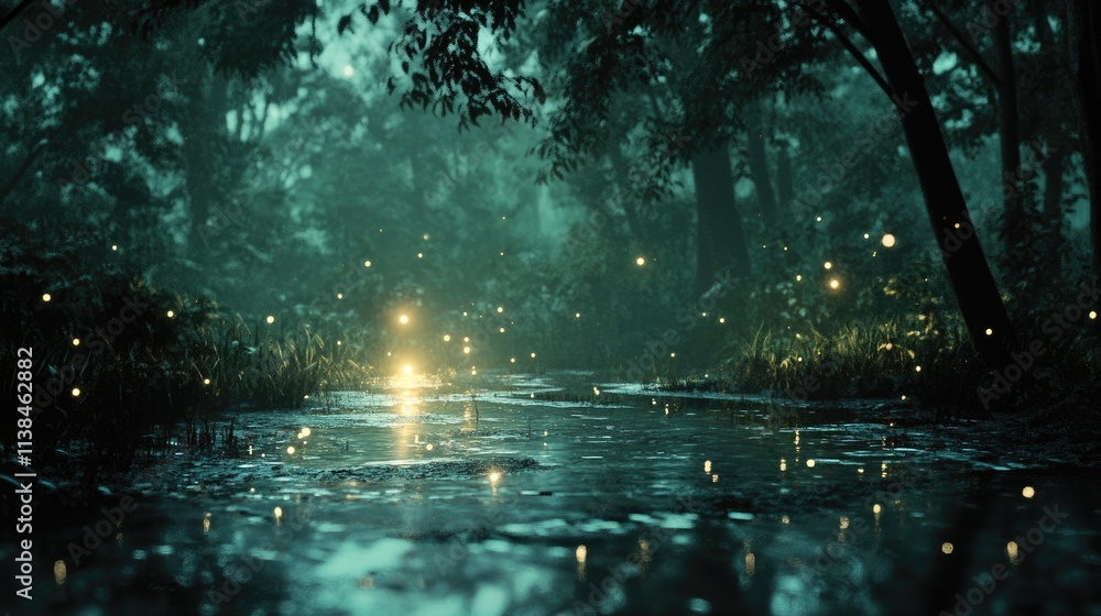 Poster mystical forest scene with glowing lights reflecting on water creating a serene and enchanting atmos