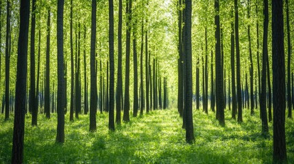 Naklejka premium Lush green forest with tall trees creating a serene and tranquil background for nature-themed projects and designs.