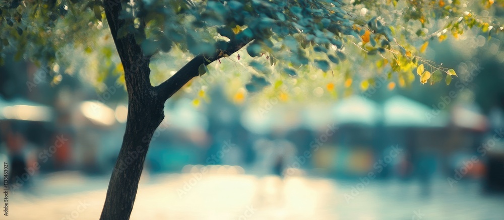 Poster blurry tree in a vibrant market scene capturing a serene and nostalgic atmosphere with soft sunlight