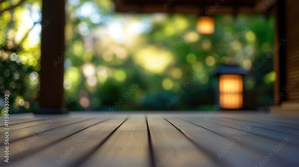 Poster wooden deck background with soft focus of zen garden and lanterns in a serene natural setting for ca
