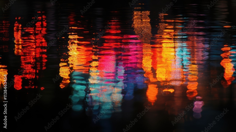 Poster multicolored bright reflections on dark water surface creating an abstract blurred background effect