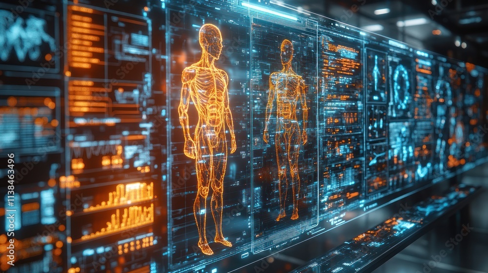 Leinwandbilder Digital display of human anatomy with data visualizations and technological interfaces.
