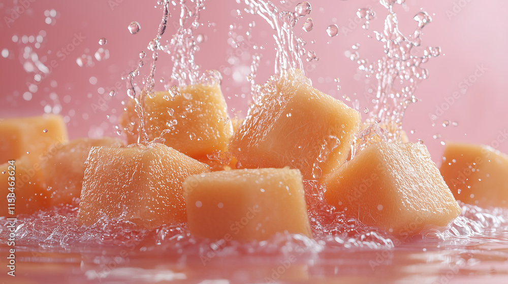 Poster fresh cantaloupe cubes splashing into water with pink background and dynamic motion