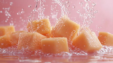 Fototapeta premium Fresh cantaloupe cubes splashing into water with pink background and dynamic motion