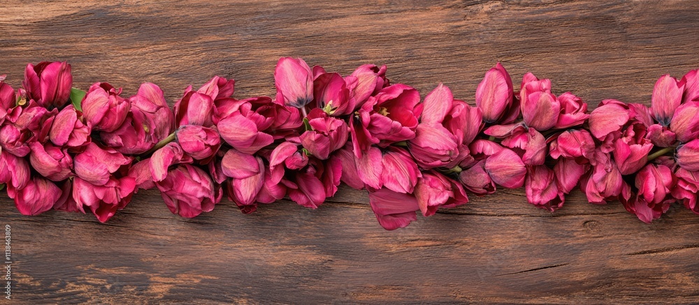 Aufkleber vibrant pink tulip flowers arranged on rustic wooden surface with selective focus for adding text or