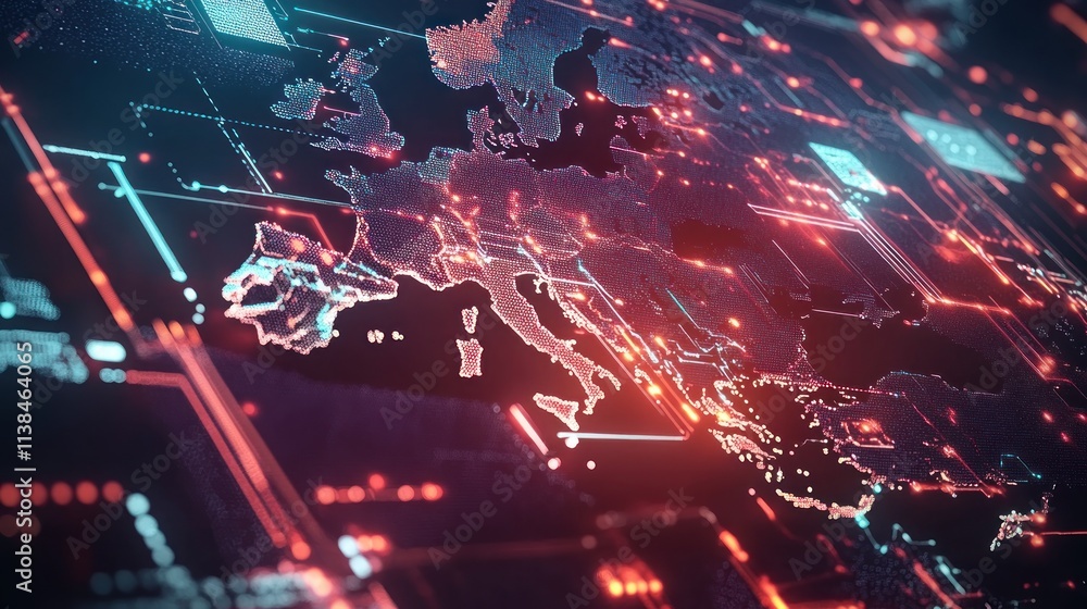 Poster digital representation of europe with futuristic data overlay and circuit patterns.